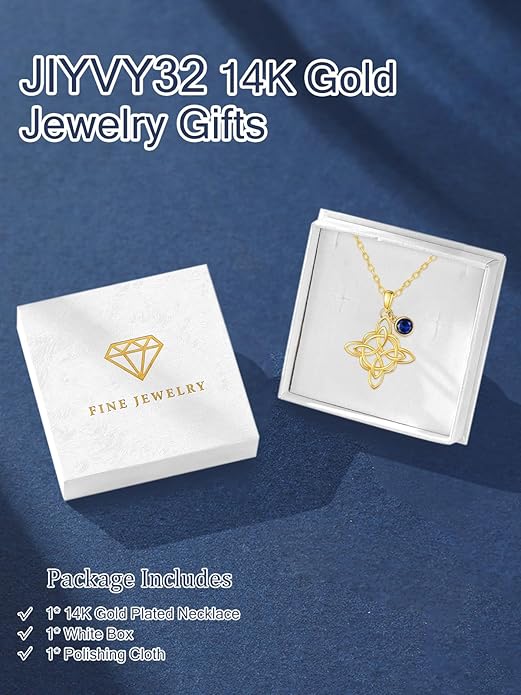 Witches Knot Necklace for Women, 14K Gold Celtic Knot Cross Jewelry with Triquetra Trinity with Birthstone Pendant, Birthday Witchy Spiritual Gifts for Her Wife Mom Grandma, 18+2 Inch Chain