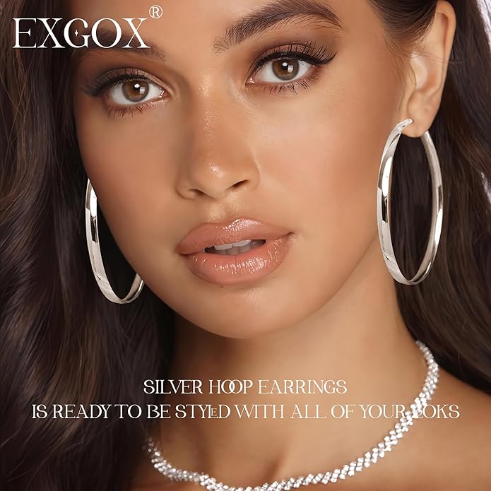 EXGOX 5mm Wide Gold Hoop Earrings for Women,Sterling Silver Hoop Earrings Large Silver Hoop Earrings Hypoallergenic Lightweight 14K Real Gold Plated Big Hoop Earrings for Women 30/40/50/60/70mm