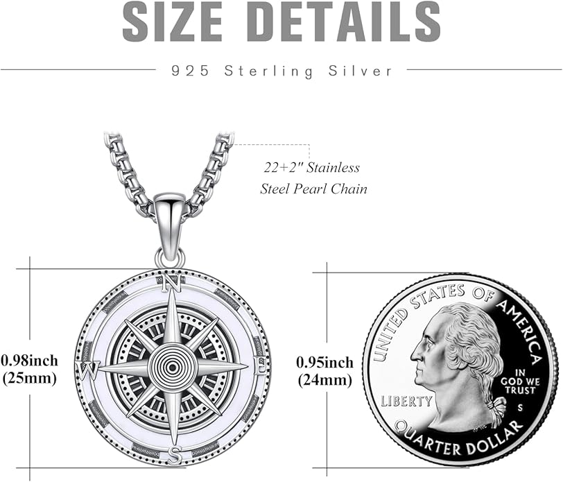 KINGWHYTE Compass Necklace for Men 925 Sterling Silver Birthday Gifts Graduation Travel Jewelry for Husband Brother with Stainless Steel Chain