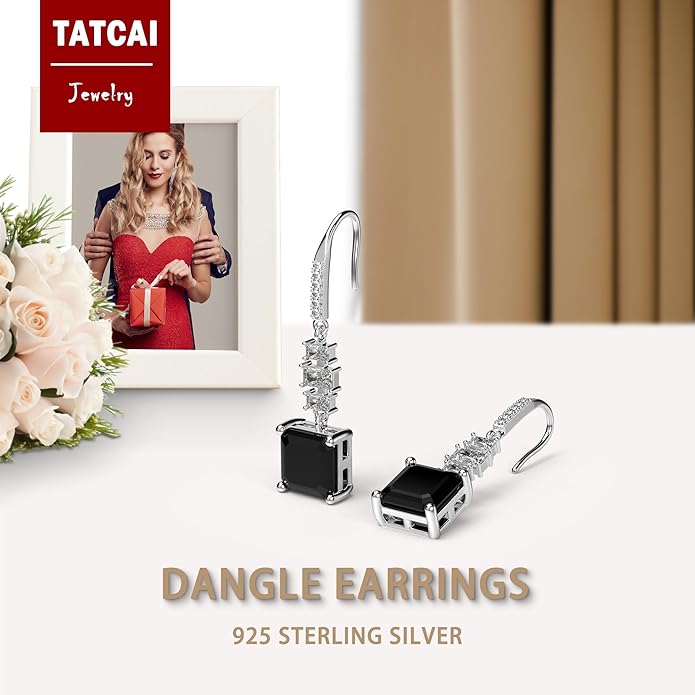 18K White Gold Plated Sterling Silver Asscher Cut Cubic Zirconia Dangle Earrings for Women Square CZ Diamond Drop Dangling Earrings for Women Mom