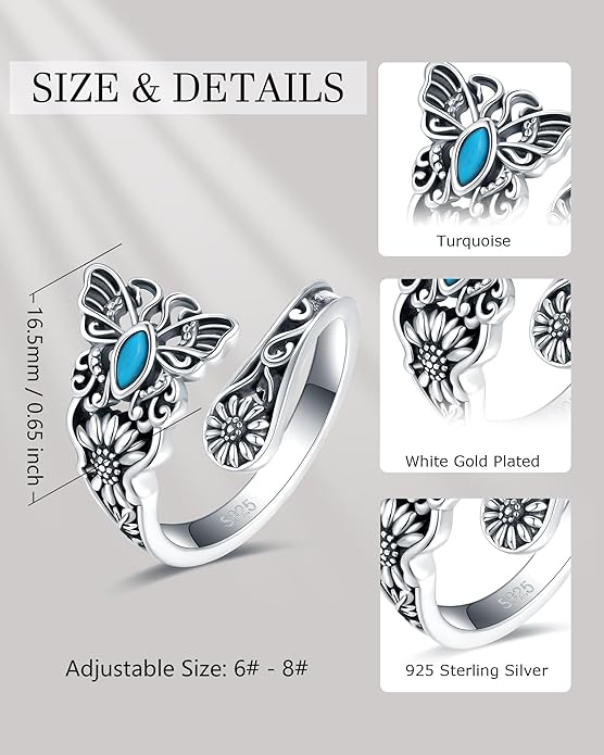 S925-Sterling-Silver Abalone Dragonfly-Turquoise Spoon Ring - Vintage Boho Sunflower Thumb Oxidized Wrap Rings Victorian Style Antique Floral Jewelry Gifts for Women