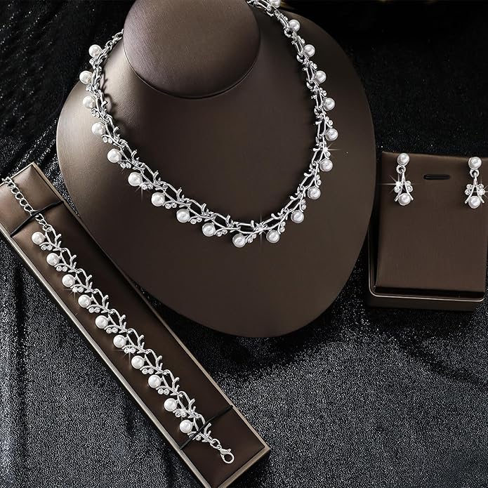 la luen Pearl Bride Wedding Jewelry Set Faux Pearls Crystal Rhinestone Necklace Earrings Bracelet Sets for Women Bridesmaid(3 PCS)