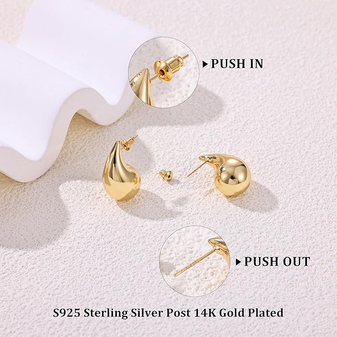 Gacimy Teardrop Earrings Dupes for Women 14K Gold Plated, Chunky Drop Earrings for Women with 925 Sterling Silver Post