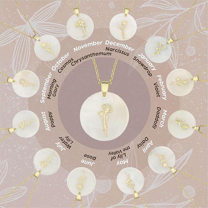 ONTHOLOGIE Birth Month Flower Necklace on Natural Mother of Pearl, 925K Sterling Silver Pendant Birth Flower Necklace, Personalized Birth Month Jewelry, Meaningful Gift for Women