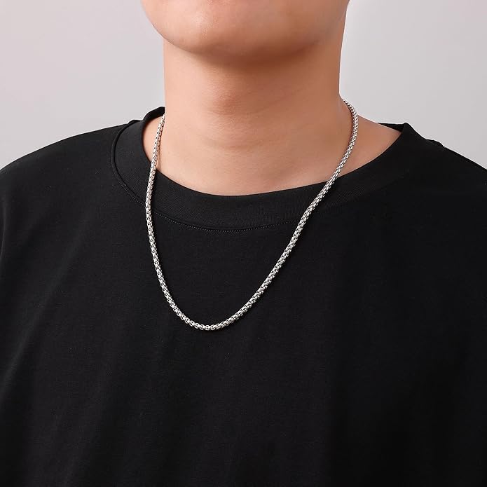 Fiusem Box Chain for Men, Silver Tone/14K Gold Plated/Black Stainless Steel Necklace for Men and Women, Width 2/2.5/3/4/5mm, Length 18-28 Inches