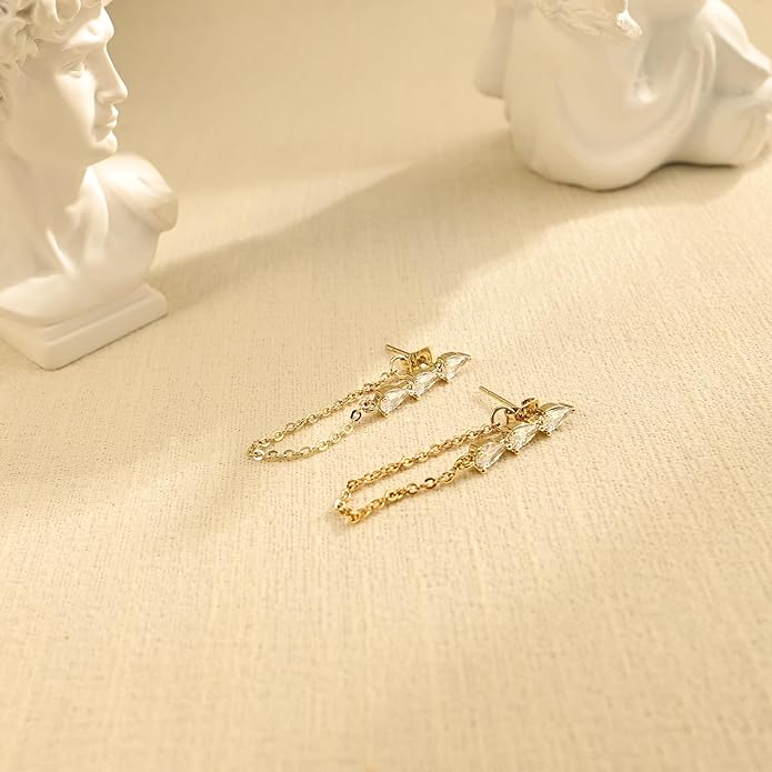 Gold Earrings for Women,Dainty 14k Gold Plated Pearl Drop Earring Dangle Pearl Dangling Earrings for Women Trendy Small Cute Wedding CZ Earring Long Chain Threader Prom Jewelry Gifts