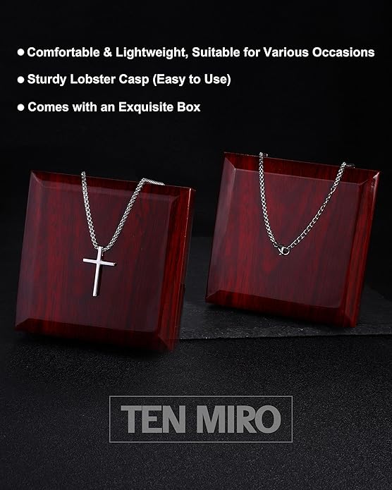 TEN MIRO S925 Sterling Silver Cross Necklace for Men Solid Sterling Silver Cross Pendant Necklace Boys Mens Cross Necklace Jewelry Gifts with Box & Card Birthday Anniversary Christmas Father's Day