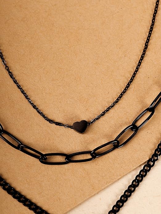 Sacina Gothic Silver-Tone, Black Layered Heart Lock Necklace, Emo Grunge Punk Necklace, Goth Jewelry, Halloween Christmas Jewelry Gift For Women