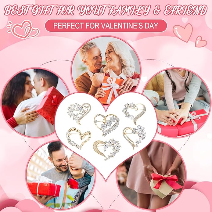 Junkin 6 Pcs Love Heart Brooch Pin Women Crystal Rhinestone Gift Hollow Lapel Crystal Brooch Pins for Girls Party Wedding Festivals Valentine's Day