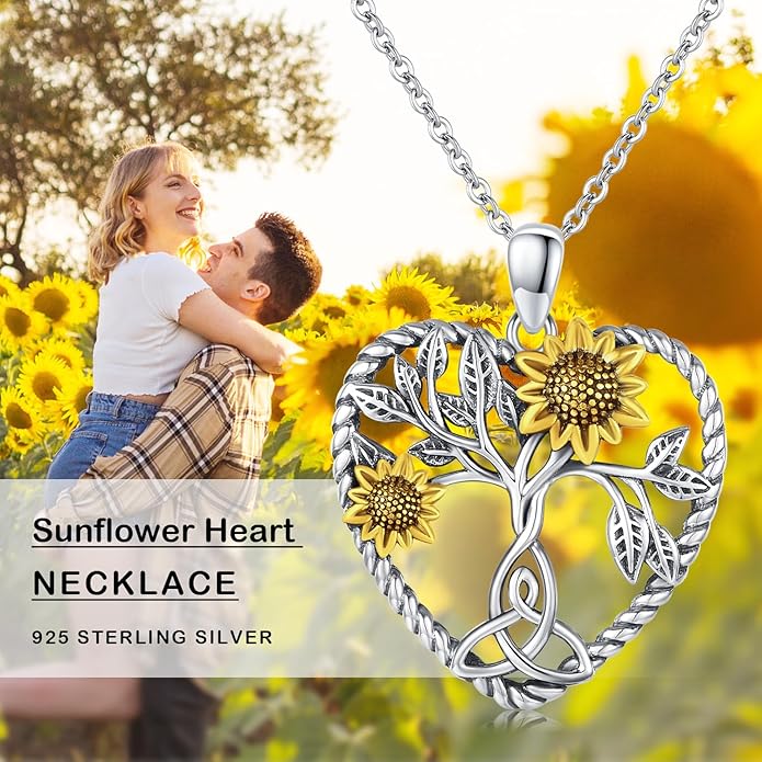 CHENGHONG Sunflower Necklace 925 Sterling Silver Tree of Life Necklace Daisy/Rose/Sunflower Pendant Necklace Sunflower Jewelry Gifts for Women Mom