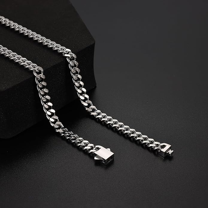 Fiusem Valentines Day Gifts for Him Silver Tone/Black/14K Gold Plated Chain Necklace for Men, 5mm/6mm/7.5mm/8mm/9mm Stainless Steel Cuban Link Chain Necklace, Men's Chains 18-28 Inch Jewelry Gifts