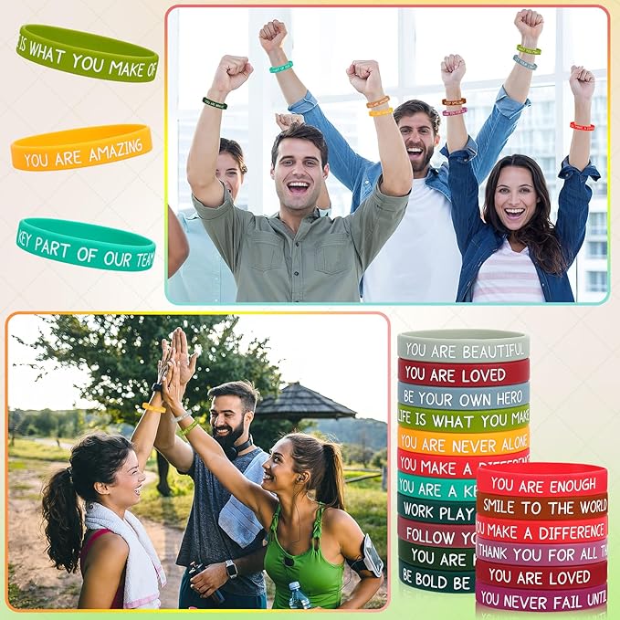 JUNEBRUSHS 64pcs Motivational Silicone Bracelets Bulk Colored Inspirational Rubber Wristbands Unisex for Student Teacher Office Prizes Gifts Back to School Party Favor Supplies