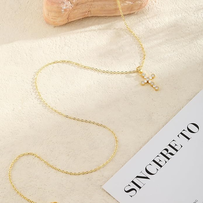 VIROMY Gold Cross Necklace for Women - Dainty Diamond Cross Pendant Necklaces Non Tarnish Waterproof Necklace Simple Choker Minimalist Jewelry