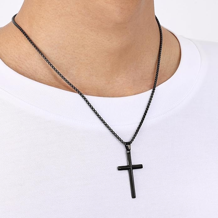 Fiusem Beveled Edge Cross Necklace for Men, Silver Tone/Black/14K Gold Plated Mens Cross Necklace, 2.5MM Stainless Steel Box Chain with Pendant