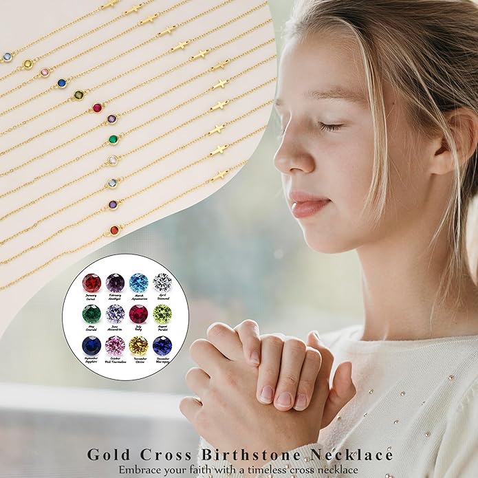 Gold Cross Necklaces for Women, 1-12 Birthstone Necklace Stocking Stuffers for Her Faith Confirmation Gifts for Teen Girls Virgin Mary Necklace Gifts for Christians Birthday Baptism Religious Jewelry