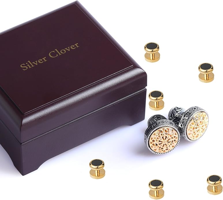 Cuff Links Mens, Cufflinks for Men, Men's Cuff Links for Wedding, Business, Father's Day, Gift for Men, 18K Gold Plated with Luxury Wooden Gift Box
