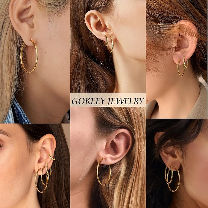 Gold Hoop Earrings Set for Women,14k Gold Plated Gold Hoops with Sterling Silver Post Hypoallergenic Thin Hoop Gold Earrings for Girls Trendy Jewelry Gifts