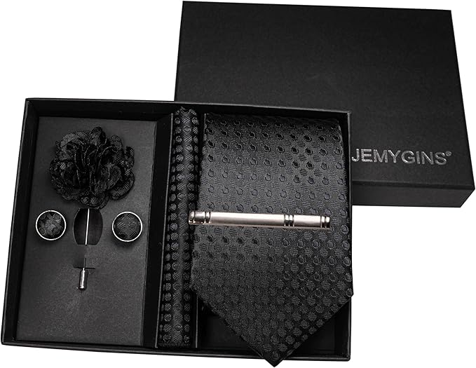 JEMYGINS Mens Tie and Lapel Pin Necktie Pocket Square Cufflinks and Tie Clip Sets for Business Casual 5PCS