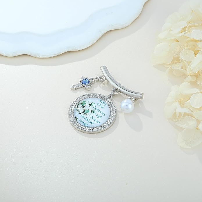 Wedding Bridal Pin, Something Blue Silver Crystal Brooch with Blue Heart Charm, Pearl Accent and Sentimental Message for Mother of Bride Gift