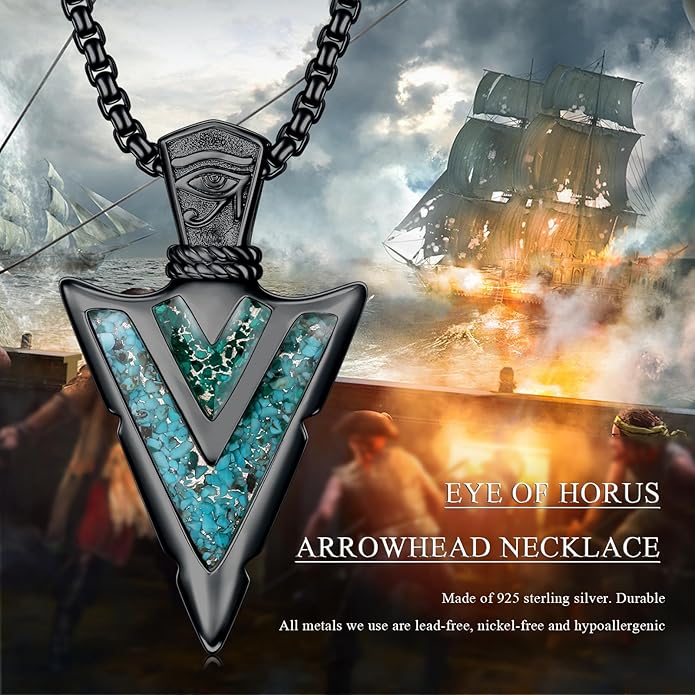 Suiknsn Arrowhead Necklace for Men Women 925 Sterling Silver Turquoise Malachite Celtic/Eye of Horus/Viking Arrow Pendant Amulet Jewelry Gifts Native American Necklace
