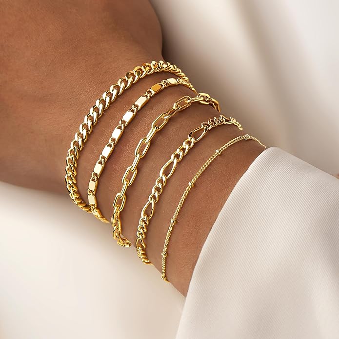 Gold Bracelets for Women Trendy,14K Gold Plated Dainty Stackable Paperclip Cuban Link Chain Bracelets, Simple Cute Cuff Bracelets Jewelry Set Adjustable 7"+2"