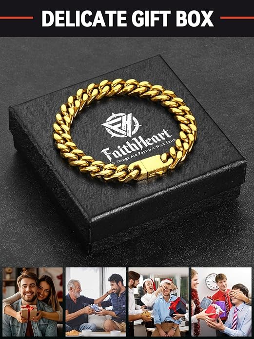 FaithHeart Mens Stainless Steel Cuban Link Bracelet - 5/7/9/12mm Width 7.5"/8.3"/9" Black/Silver/Gold Plated Heavy Duty Wrist Chain Bracelet Hip Hop Jewelry Birthday Gifts for Him