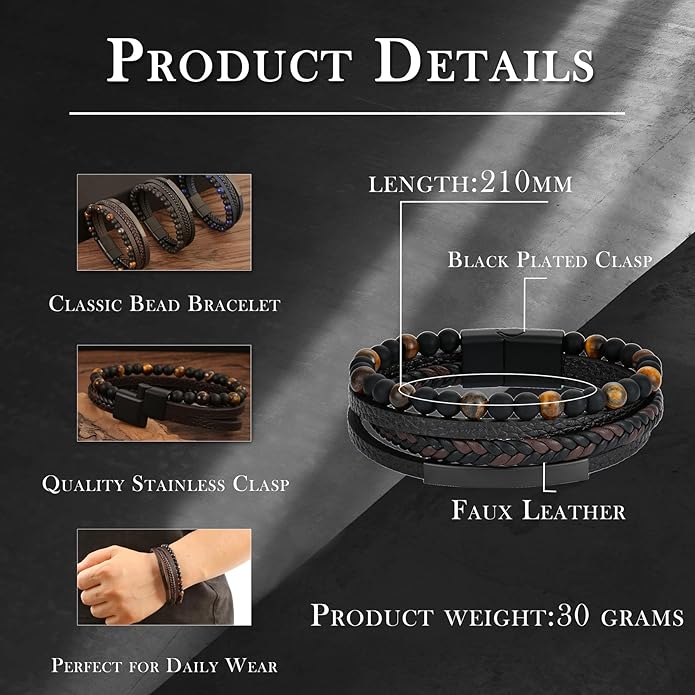 Mens Tiger Eye Matee Black Onyx Lava Rock Volcanic Stone Beaded Bracelet, Black Braided Leather Bracelet for Men