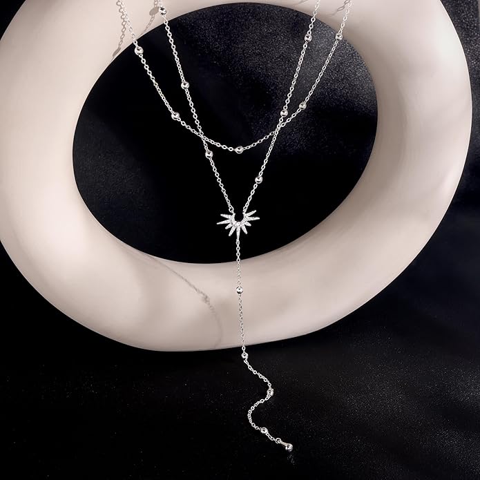 CHESKY Lariat Gold Necklace for Women Trendy, Dainty Long Necklace 14k Gold Plated/Silver Y-Shaped Pendant Necklace Layered Cz Beaded Chain Drop Necklaces Simple Gold Jewelry For Women Gift