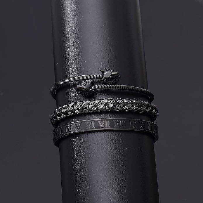 WFYOU 3PCS Stainless Steel Bracelets for Men Gold Roman Numeral Bangle Bracelet Twisted Cable Bracelet Adjustable Cuff Bracelet Mens Luxury Jewelry Bracelets Gifts