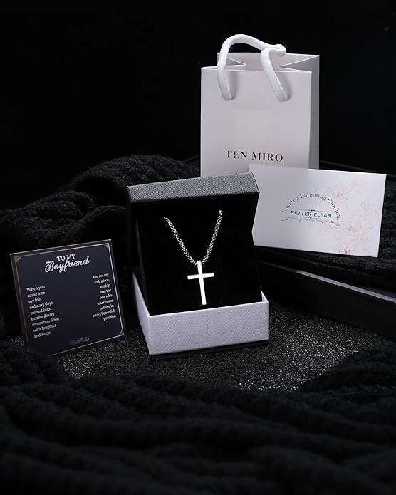 TEN MIRO Silver/Black Cross Necklace for Men Boy Stainless Steel Cross Pendant Necklace for Men Christian Religious Jewelry with Box & Card Birthday Anniversary Christmas Father's Day Gifts for Him