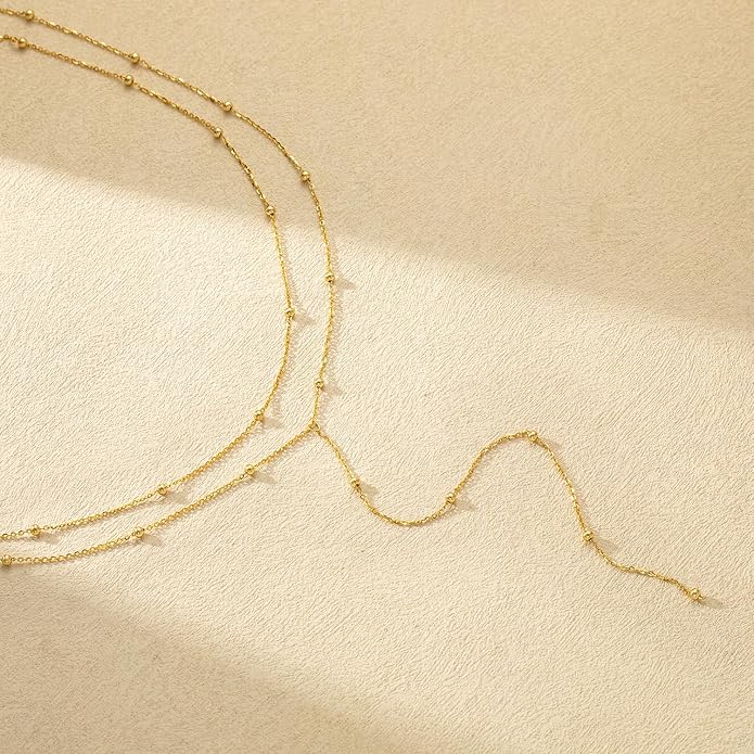 Foxgirl Lariat Gold Necklace for Women, Dainty Long Necklace 14k Gold Plated/Silver Y-Shaped Pendant Necklace Trendy Layered Cz Beaded Chain Drop Necklaces Simple Gold Jewelry For Women Gift