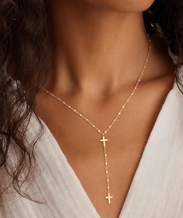 Lariat Necklaces for Women - Dainty Long Necklace Trendy 14K Gold Plated Hypoallergenic Layered Long Y-Shape Sunburst CZ T-Bar Pendant Drop Chain Necklace Set for Women Non Tarinsh Jewelry Gift