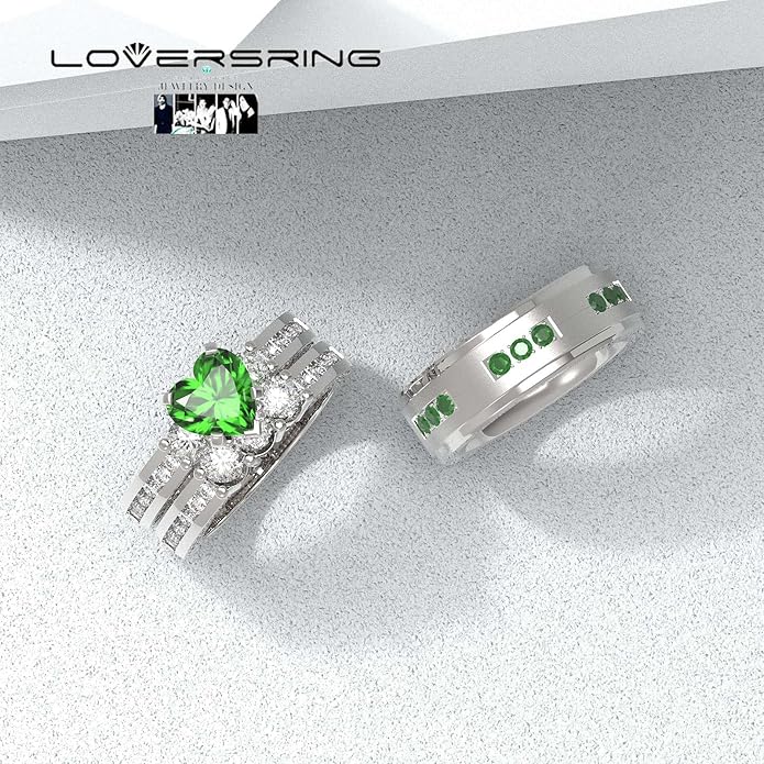 TWO RINGS Wedding Ring Sets His And Hers Promise Ring Couples Bridal Sets Women 925 Sterling Silver square Cz Man Stainless Steel Brushed Finished Wedding Bands