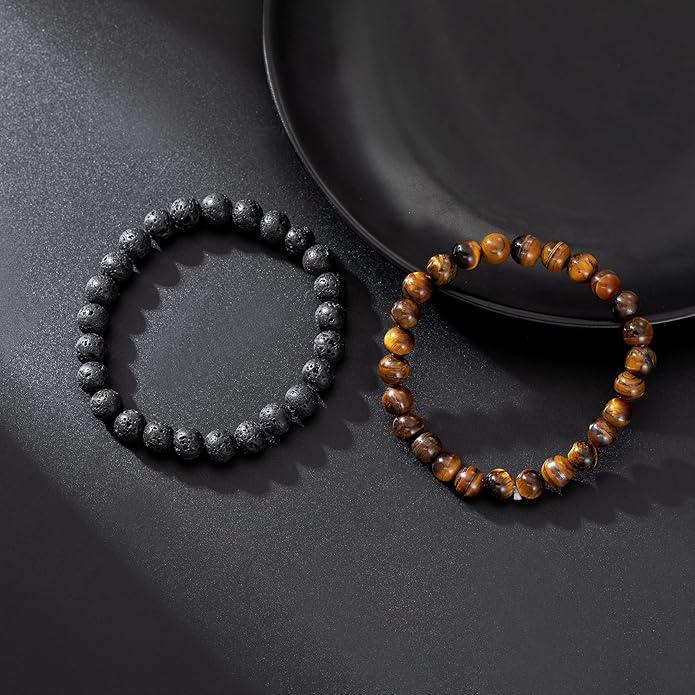 RANKEEF Mens Bead Bracelet Set - Adjustable Elastic Rope With 6&8MM Natural Stone Multi-Colored Beads - Tiger Eye Bracelets for Men - Gift