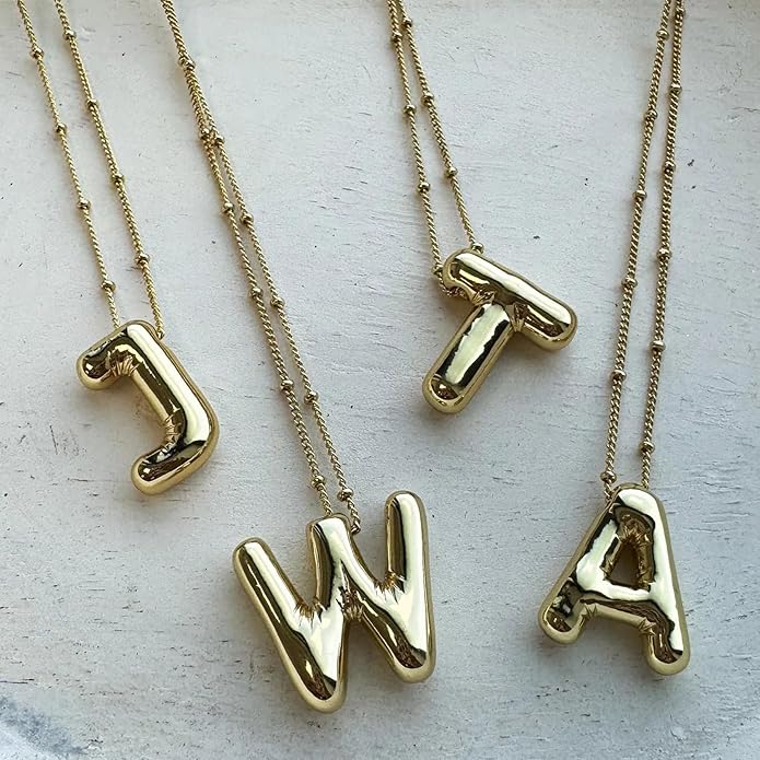Initial Necklaces for Women, 14k Gold Plated Bubble Letter Necklace Chunky Gold Necklace Dainty Charm Initial Necklaces for Women Trendy Custom Preppy Stocking Stuff Necklace Christmas Gifts