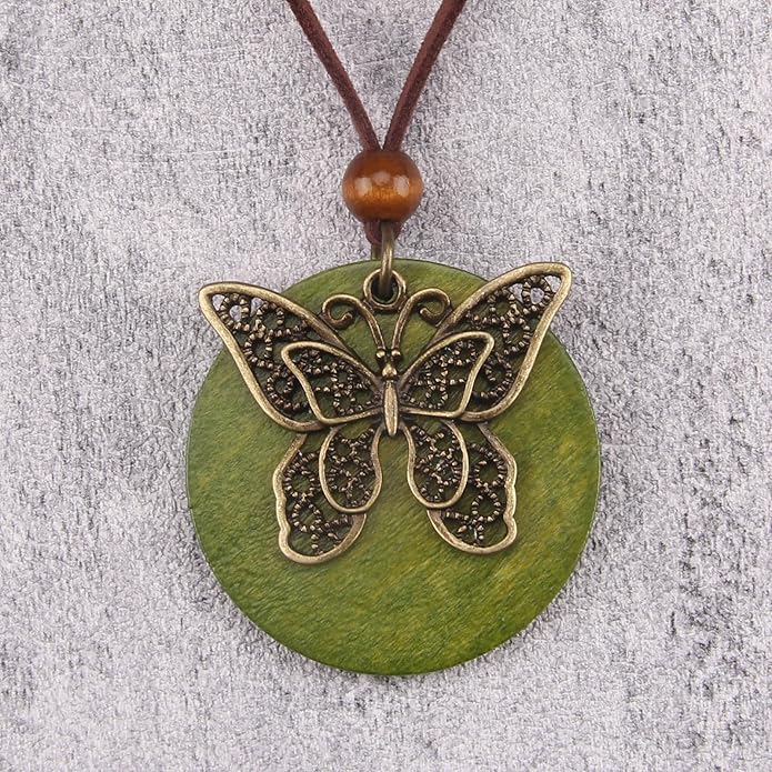 Long Boho Necklaces for Women Vintage Leather Wooden Pendant Y Choker Ethnic Style Gold Circle Hippie Sweater Necklace
