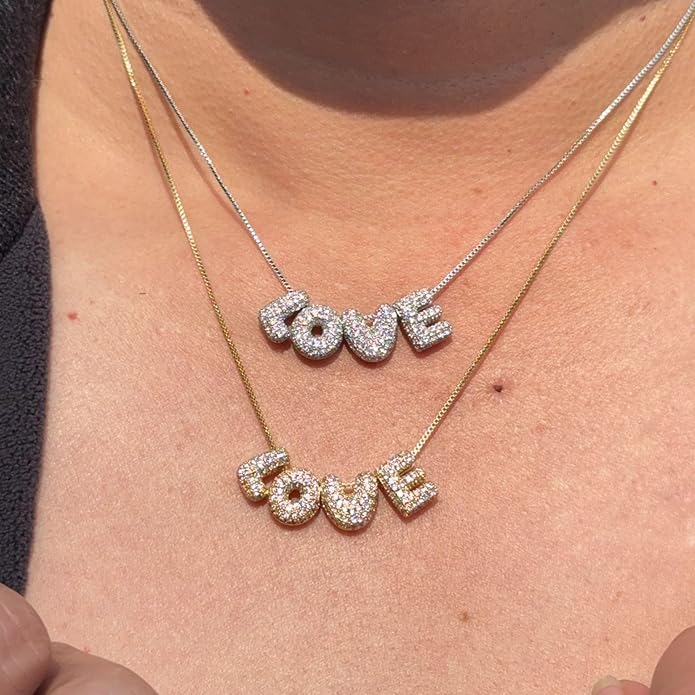 Custom Diamond Bubble 3D Letter Necklace Puffy Personalized Initial Charm with Zircon,18K Gold Plated Dainty Balloon Name Necklace for Women, Handmade Jewelry Gift for Her,Mother's Day