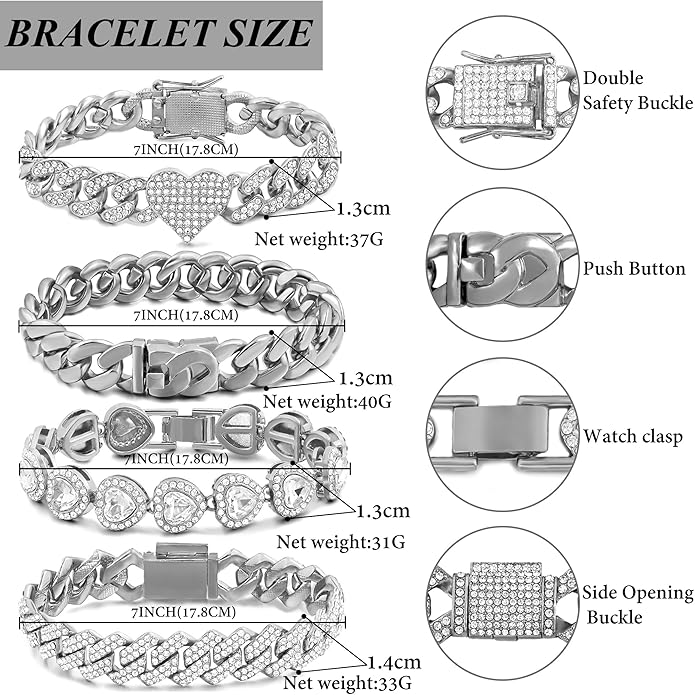 shopbyskyler 4PCS Gold Bracelets for Women Silver Clustered Tennis Bracelet for Women Heart Round Diamond Cuban Bracelet Layered Link Bracelet Set Fashion Jewelry for Women Set