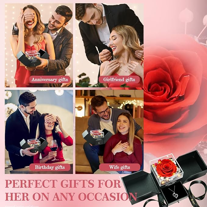 Preserved Real Roses with Heart Necklace I Love You in 100 Languages, Romantic Anniversary Christmas Valentines Day Gifts for Her Women Wife Girlfriend Mom, Forever Roses Necklace Gifts Red