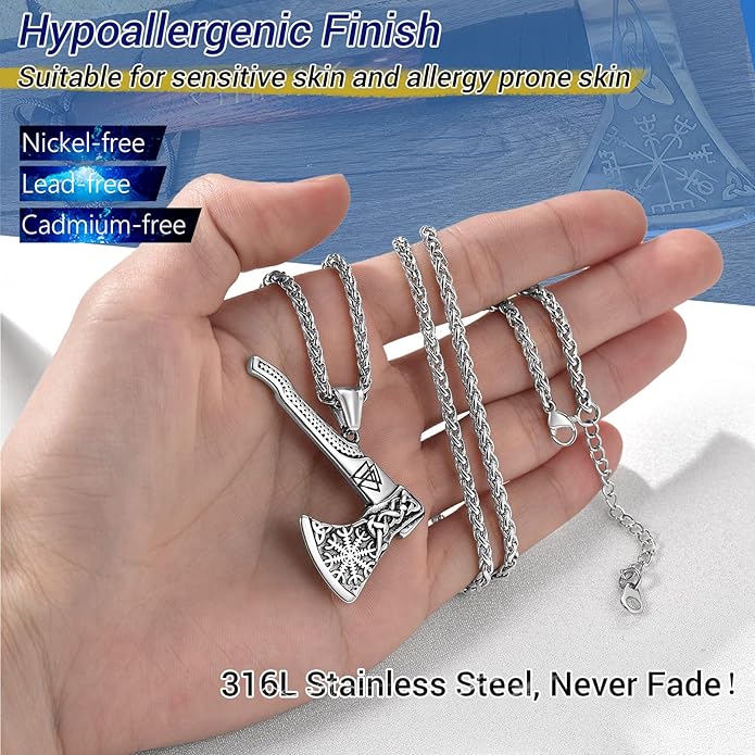 PROSTEEL Norse Viking Jewelry for Men Women, Vintage Thor Hammer/Thor Axe/Raven/Odin Necklace, 316L Stainless Steel Pendant Chain, Come with Box