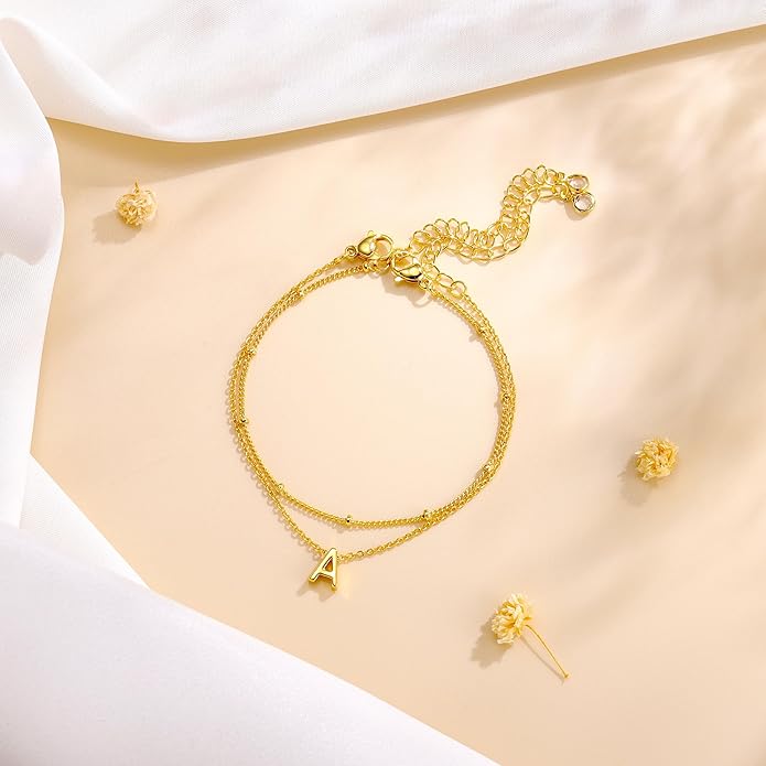 Turandoss Gold Initial Bracelets for Women, Dainty 18K Real Gold Plated Layered Letter A-Z Initial Bracelets Personalized 26 Alphabet Monogram Gold Bracelets for Women Jewelry Gifts Trendy