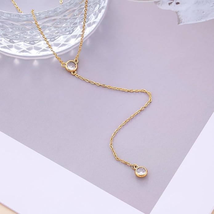 Gold Necklace for Women, Dainty Gold Long Necklaces 14k Gold Plated Prom Bar CZ Lariat Necklace Simple Choker Necklaces for Women Trendy Boho Fashion Costume Jewelry Womens