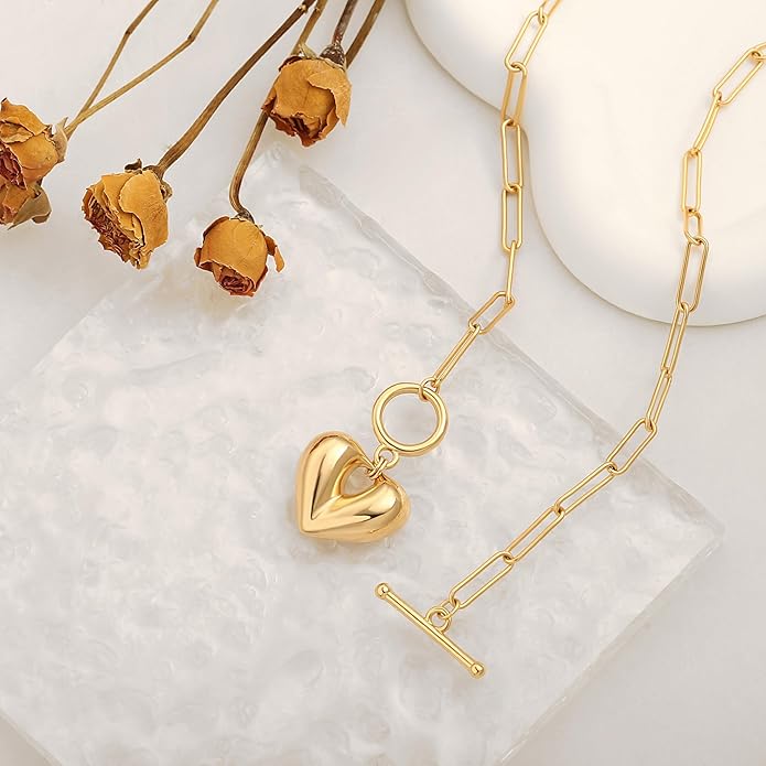 CANEVINKA Dainty Cross Medallion/Heart Pendant Chain Necklace 18K Gold Plated Oval Choker Fashion OT Toggle Jewelry Handmade for Women Simple Gold Charm Necklace