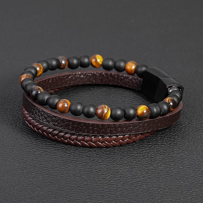 Gifts for Men - Layered Leather Beads Bracelet, Tiger Eye Lava Rock Stone Braided Leather Bracelets for Men Adjustable Magnetic Clasp Birthday Gifts