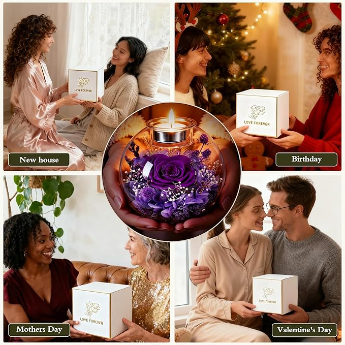 Forever Real Roses in Glass with Scented Candle, Christmas Gift Ideas Preserved Flower Christmas Gifts for Women Her Girlfriend Wife Mom on Valentines Birthday Anniversary Purple