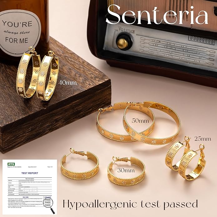 Senteria 8mm Wide 925 Sterling Silver Hoop Earrings for Women Hypoallergenic Chunky Silver Hoop Earrings with Flower Large Thick Hoops Earring Lightweight 14K Gold Plated Hoops for Women 25/30/40/50mm