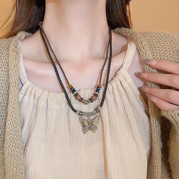 HETICA Boho Necklace for Women, Vintage Butterfly Necklace Adjustable Wooden Beads Layered Braided Necklace Fashion Tribal Style Leather Rope Necklace Jewelry