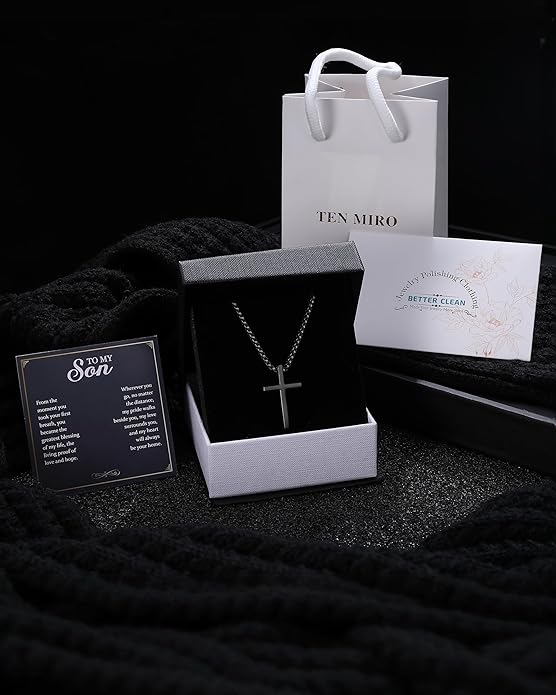 TEN MIRO Silver/Black Cross Necklace for Men Boy Stainless Steel Cross Pendant Necklace for Men Christian Religious Jewelry with Box & Card Birthday Anniversary Christmas Father's Day Gifts for Him