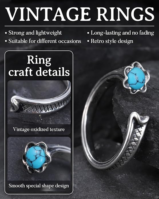 S925-Sterling-Silver Abalone Dragonfly-Turquoise Spoon Ring - Vintage Boho Sunflower Thumb Oxidized Wrap Rings Victorian Style Antique Floral Jewelry Gifts for Women