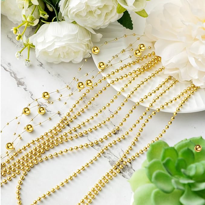 Bonuci 3 Rolls 66 Feet Pearls String Garland Faux Pearl Garland Spool Roll Strand Decoration Artificial Beads Chain Trim for Crafting String of Flowers Valentine Wedding Party(Gold,4mm)